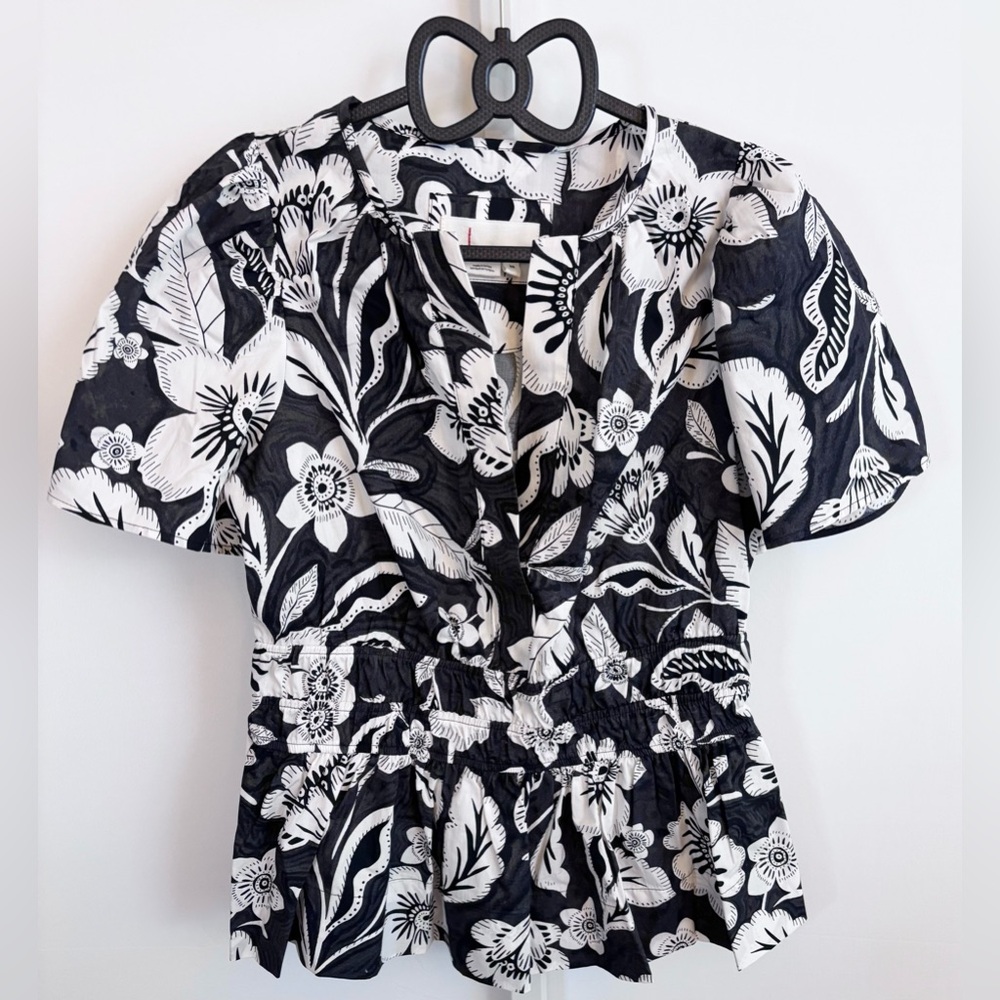 Anthropologie Black & White Floral Blouse Boho Resort XS
